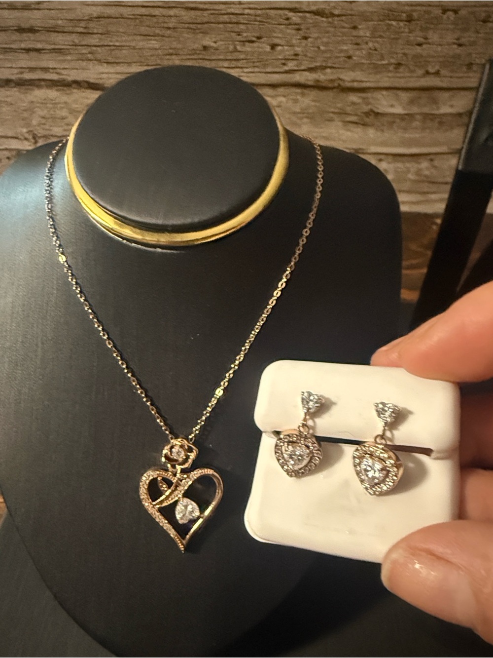 Gold Plated Heart Pendant Necklace and Drop Earrings Set - Rose Gold Sparkle